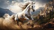 White horse running on dust fantasy background. AI generated image