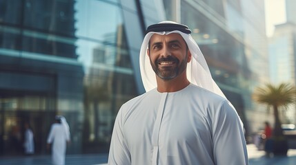 handsome man with dish dasha working in his business office of Dubai. Portraits of a successful businessman in traditional emirates white dress.