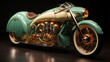 © Envision - A sleek green and gold motorcycle with a shining headlamp sits parked, its powerful wheels and tire hinting at the wild and free spirit of its rider