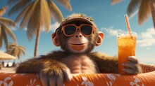 A Beach-loving Monkey Sips On A Refreshing Orange Juice While Rocking Cool Sunglasses And A Stylish Hat, Gazing Up At The Sky With Their Trusty Goggles Nearby