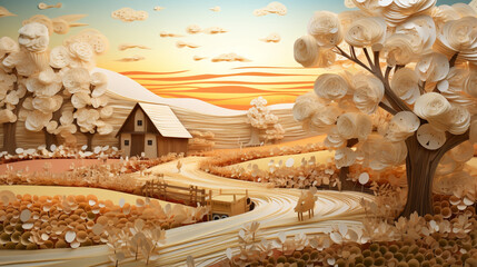 Wall Mural - Abtract autumn scenery field and hut with vanilla sky in paper art style. Created using generative AI.