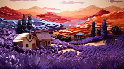 Wall Mural - Sun set and mountain background with homey lavender garden in paper art and craft style. Created using generative AI.