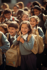 Wall Mural - big crowd of happy smiling elementary school students going to the school