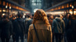 Busy subway with blurry people around, a woman is seen standing from behind, It depicts the concept of urban city life and commuter travel in public transportation,