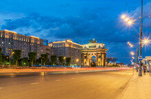 Triumphal Arch On Kutuzovsky Avenue In Moscow At Night.
