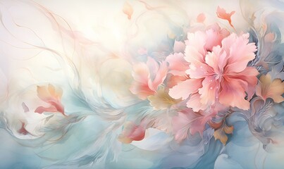 soft watercolor background with pink white flowers on blue