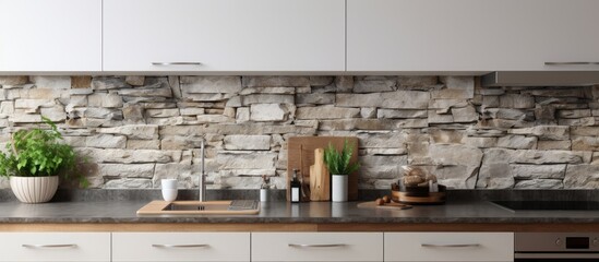 Canvas Print - Contemporary illuminated kitchen featuring a stone backsplash