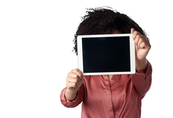 Poster - Connection, promotion and woman with a tablet, internet or website information isolated against a transparent background. Female person, network software or model with technology, blank screen or png