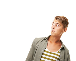 Wall Mural - Fashion, surprise or doubt with a hipster man isolated on a transparent background looking nervous. Style, worry and a confused young male person looking shocked or scared by information on PNG