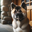 Akita sitting patiently by a wooden door
