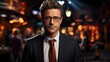 © Aliaksandra - Handsome male TV news presenter in a business suit against the background of a television studio