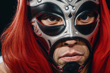 Close-up of a black masked professional wrestler's face