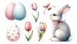 Sticker set with a fluffy bunny, patterned eggs, and delicate tulips on clear white background. Soft and pastel palette. Elements for invitations, greeting cards, print. Easter Watercolor illustration