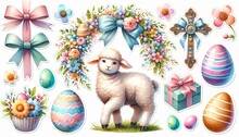 Sticker Set Featuring A Lamb, Patterned Eggs, Floral Arrangements, And Gifts With Bows On White Background. Easter Celebration. Elements For Festive Designs, Print, Or Posters. Watercolor Illustration
