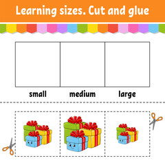 Canvas Print - Learning sizes. Cut and glue. Easy level. Color activity worksheet. Game for children. Cartoon character. Vector illustration.