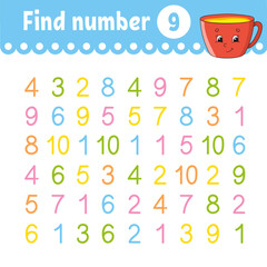 Wall Mural - Find number. Education developing worksheet. Activity page with pictures. Game for children. Funny character. cartoon style. Vector illustration.