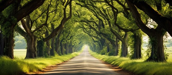 A path meanders through the countryside where trees create a natural canopy overhead