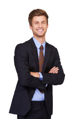 Happy, arms crossed or portrait of businessman with professional, corporate or positive mindset. Success, confident attorney or proud lawyer smiling in suit isolated on transparent png background