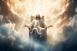 Jesus is seated on a heavenly throne, illuminated by a bright light,