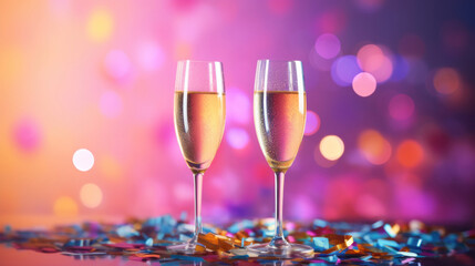 A two glass of sparkling wine on a colorful confetti on blur festive background