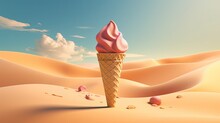 Abstract Fantastic Background. Surreal Fantasy Landscape. Ice Cream Cone In The Desert With Cloudy Sky
