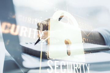Poster - Creative lock sketch with chip hologram and hand writing in notepad on background with laptop, protection of personal data concept. Multiexposure