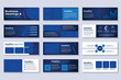 Business presentation, powerpoint, new technologies. Information infographic design template, blue elements, blue background, set. Team of people creates a technology, teamwork. Work. Mobile app