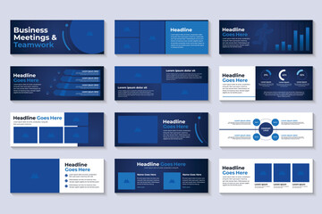 Business presentation, powerpoint, new technologies. Information infographic design template, blue elements, blue background, set. Team of people creates a technology, teamwork. Work. Mobile app