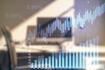 Aufkleber - Double exposure of abstract creative financial diagram and modern desk with computer on background, banking and accounting concept