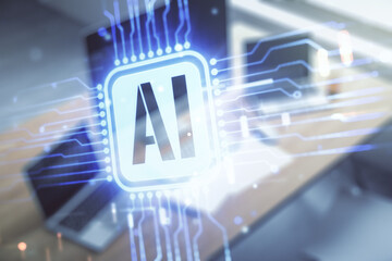 Poster - Double exposure of creative artificial Intelligence icon and modern desktop with laptop on background. Neural networks and machine learning concept