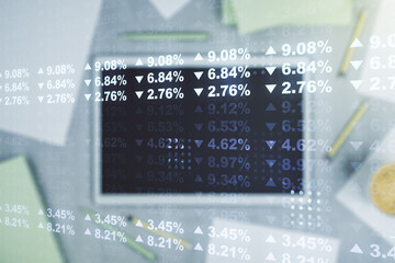 Aufkleber - Multi exposure of stats data illustration and modern digital tablet on background, top view, computing and analytics concept