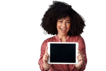 Tablet, screen and portrait of woman showing interactive ui, ux and isolated in transparent or png background. Technology, marketing and person with internet, website or app review on mockup space