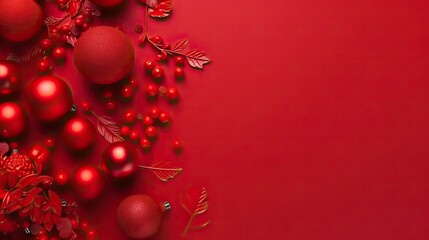 Poster - Christmas red background with Christmas ball decoration with blank space
