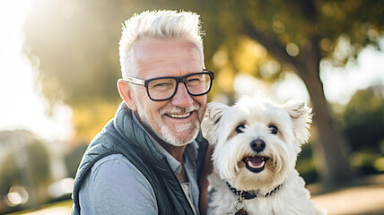 Portrait of happy senior man in eyeglasses with dog in park. Love between owner and pet. 
