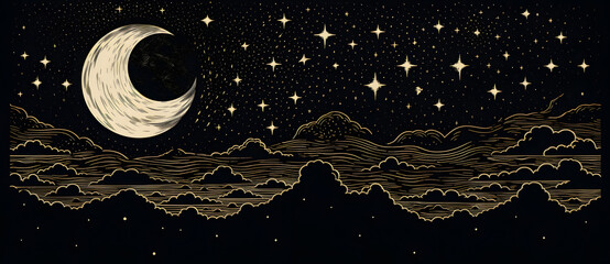 Wall Mural - Woodcut illustration of beautiful night sky with stars and crescent moon 6