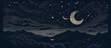 Woodcut Illustration Of Beautiful Night Sky With Stars And Crescent Moon 8