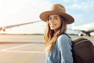 Wall Mural - Departure - young woman at an airport about to board an aircraft on a sunny summer day