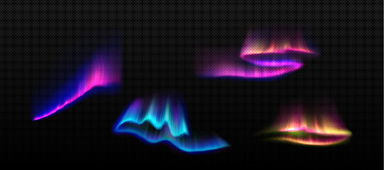 Poster - Aurora borealis colorful set isolated on transparent background. Vector realistic illustration of polar light effects with pink, yellow, blue color gradient glowing in darkness, north pole phenomenon