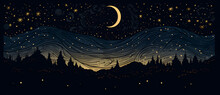 Woodcut Illustration Of Beautiful Night Sky With Stars And Crescent Moon 11