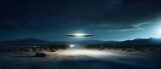 Wall Mural - A glowing UFO hovering low in the desert night sky shines brightly 2