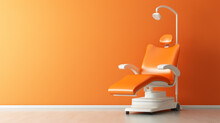 Modern Design Dental Chair In Clinic Office Interior, Orange Wall Mockup, Copy Space. Ai Generative.