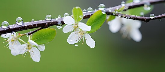 Sticker - In the beginning of spring small drops of rain land on a branch of a tree