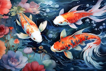 Wall Mural - Koi fish in the pond with beautiful flowers. Digital painting