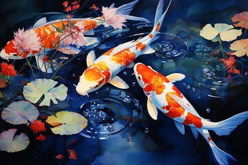 Wall Mural - Koi fish in the pond with beautiful flowers. Digital painting