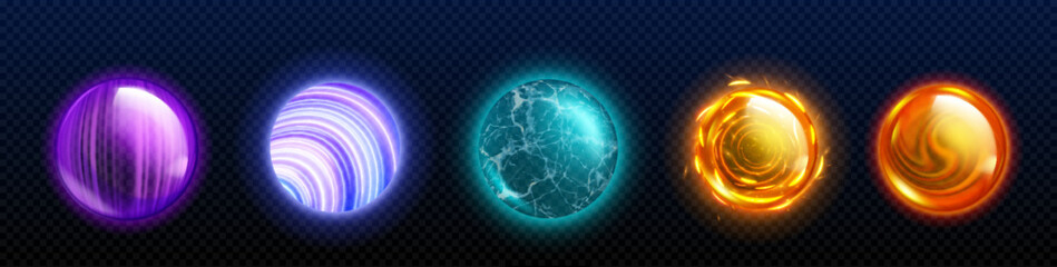 Poster - Magic energy orb ball icon with glow effect for game. Fantasy fire sphere element with flame light. Neon fortune plasma bubble set isolated 2d vfx collection. Abstract circle witch cristal design
