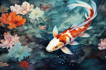 Wall Mural - Koi fish in the pond with beautiful flowers. Digital painting