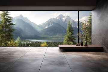 Interior of modern living room with wooden walls, concrete floor, panoramic window and mountain view