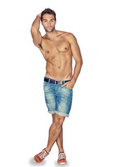 Aufkleber - Portrait, fashion and body with a man shirtless while isolated on a transparent background for masculine beauty. Strong, muscle and manly with a handsome young male person posing topless on PNG