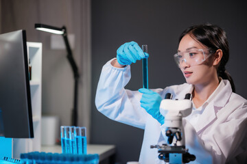 Scientist hand dropping chemical liquid into test tube, science research and development concept