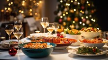 Christmas Or New Year's Dinner Table Full Of Dishes With Food And Snacks Background.
